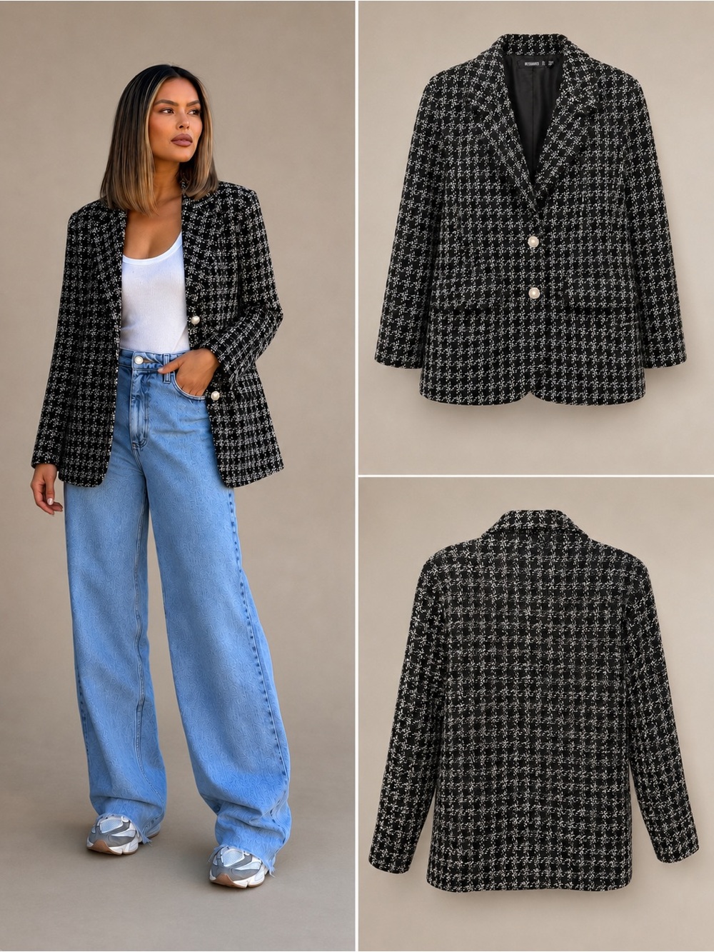 Missguided Houndstooth Boucle Tailored Blazer Jacket Size 10 L EUC